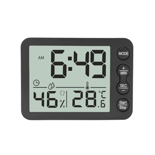 TS-9606-BB Large Screen Alarm Timer Temperature Humidity Meter(Black Black)
