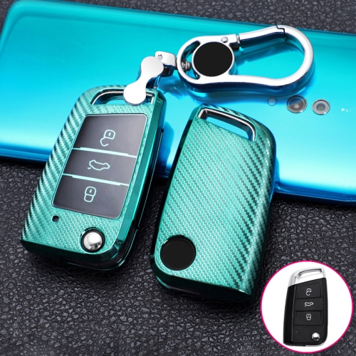 For Volkswagen Passat Folding 3-button C Version 2017 Car TPU Key Protective Cover Key Case with Key Ring (Green)