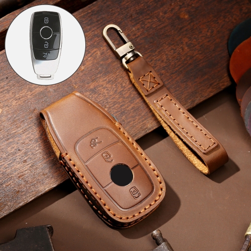 Hallmo Car Cowhide Leather Key Protective Cover Key Case for New Mercedes-Benz E300L (Brown)