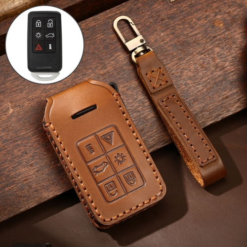 Hallmo Car Cowhide Leather Key Protective Cover Key Case for Volvo 6-button (Brown)