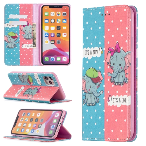 Colored Drawing Pattern Invisible Magnetic Horizontal Flip PU Leather Case with Holder & Card Slots & Wallet For iPhone 11 Pro(Elephant)