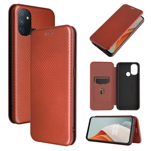 For OnePlus Nord N100 Carbon Fiber Texture Magnetic Horizontal Flip TPU + PC + PU Leather Case with Card Slot(Brown)