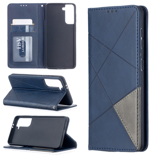 For Samsung Galaxy S21 5G Rhombus Texture Horizontal Flip Magnetic Leather Case with Holder & Card Slots(Blue)