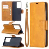 For Samsung Galaxy S21 Ultra 5G Lambskin Texture Pure Color Horizontal Flip PU Leather Case with Holder & Card Slots & Wallet & Lanyard(Yellow)