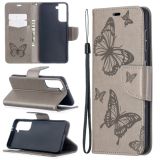 For Samsung Galaxy S21 5G Embossing Two Butterflies Pattern Horizontal Flip PU Leather Case with Holder & Card Slot & Wallet & Lanyard(Grey)