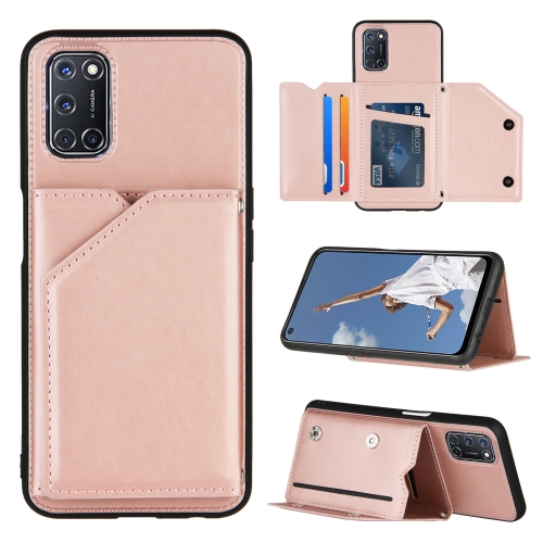 For OPPO A52 & A72 & A92 Skin Feel PU + TPU + PC Back Cover Shockproof Case with Card Slots & Holder & Photo Frame(Rose Gold)