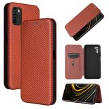 For Xiaomi Poco M3 Carbon Fiber Texture Magnetic Horizontal Flip TPU + PC + PU Leather Case with Card Slot(Brown)