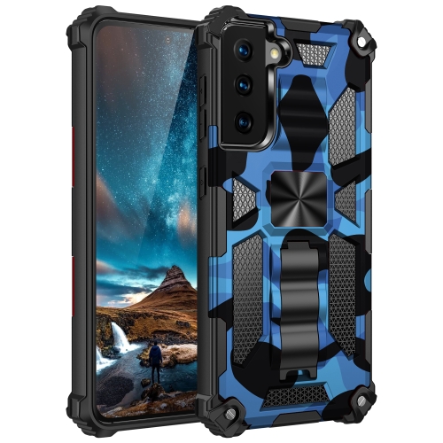 For Samsung Galaxy S21 5G Camouflage Armor Shockproof TPU + PC Magnetic Protective Case with Holder(Dark Blue)