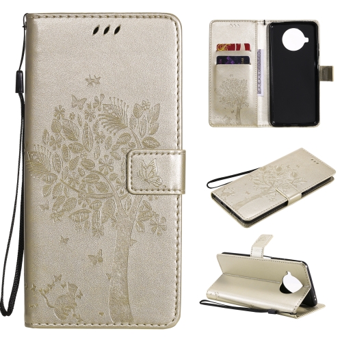 For Xiaomi Mi 10T Lite 5G Tree & Cat Pattern Pressed Printing Horizontal Flip PU Leather Case with Holder & Card Slots & Wallet & Lanyard(Gold)