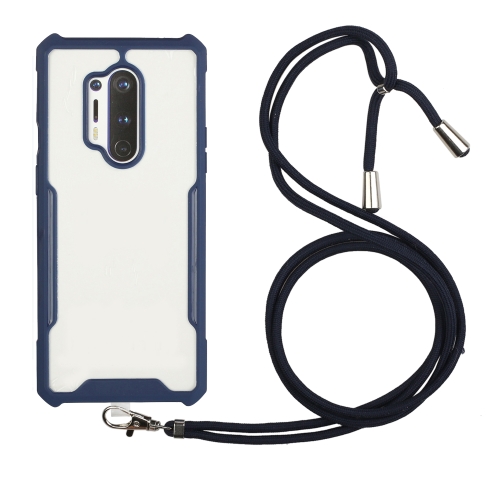 For OnePlus 8 Pro Acrylic + Color TPU Shockproof Case with Neck Lanyard(Dark Blue)