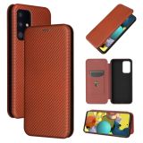 For Samsung Galaxy A52 5G / 4G Carbon Fiber Texture Magnetic Horizontal Flip TPU + PC + PU Leather Case with Card Slot(Brown)
