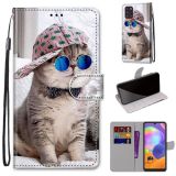For Samsung Galaxy A31 Coloured Drawing Cross Texture Horizontal Flip PU Leather Case with Holder & Card Slots & Wallet & Lanyard(Oblique Hat Blue Mirror Cat)