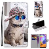 For Samsung Galaxy A31 Coloured Drawing Cross Texture Horizontal Flip PU Leather Case with Holder & Card Slots & Wallet & Lanyard(Oblique Hat Blue Mirror Cat)