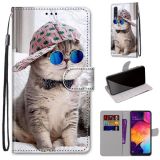 For Samsung Galaxy A50 Coloured Drawing Cross Texture Horizontal Flip PU Leather Case with Holder & Card Slots & Wallet & Lanyard(Oblique Hat Blue Mirror Cat)