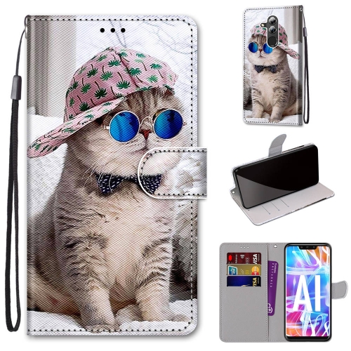 For Huawei Mate 20 Lite / Maimang 7 Coloured Drawing Cross Texture Horizontal Flip PU Leather Case with Holder & Card Slots & Wallet & Lanyard(B20 Slant Hat Blue Mirror Cat)