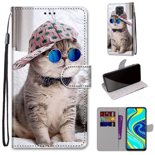 For Xiaomi Redmi Note 9S / 9 Pro Coloured Drawing Cross Texture Horizontal Flip PU Leather Case with Holder & Card Slots & Wallet & Lanyard(Slant Hat Blue Mirror Cat)