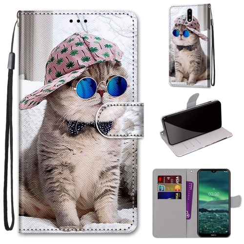 For Nokia 2.3 Coloured Drawing Cross Texture Horizontal Flip PU Leather Case with Holder & Card Slots & Wallet & Lanyard(Slant Hat Blue Mirror Cat)