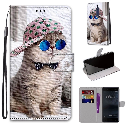 For Nokia 5 Coloured Drawing Cross Texture Horizontal Flip PU Leather Case with Holder & Card Slots & Wallet & Lanyard(Slant Hat Blue Mirror Cat)