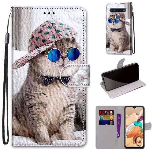 For LG K41s / K51s Coloured Drawing Cross Texture Horizontal Flip PU Leather Case with Holder & Card Slots & Wallet & Lanyard(Slant Hat Blue Mirror Cat)