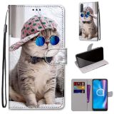 For Alcatel 1S (2020) / 3L (2020) Coloured Drawing Cross Texture Horizontal Flip PU Leather Case with Holder & Card Slots & Wallet & Lanyard(Slant Hat Blue Mirror Cat)