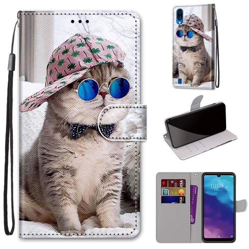 For ZTE Blade A5 2020 Coloured Drawing Cross Texture Horizontal Flip PU Leather Case with Holder & Card Slots & Wallet & Lanyard(Slant Hat Blue Mirror Cat)
