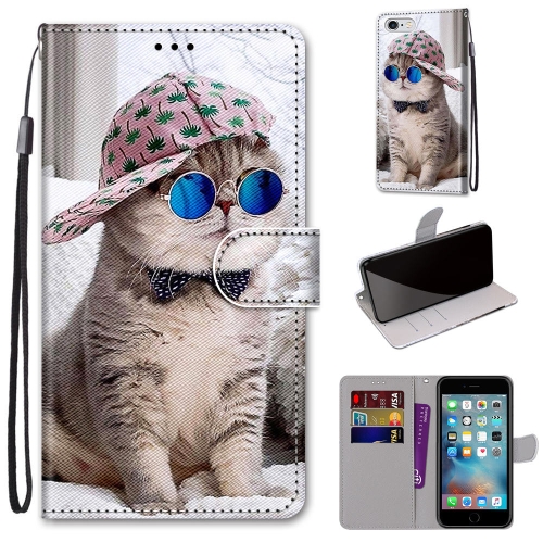 Coloured Drawing Cross Texture Horizontal Flip PU Leather Case with Holder & Card Slots & Wallet & Lanyard For iPhone 6 / 6s(Slant Hat Blue Mirror Cat)