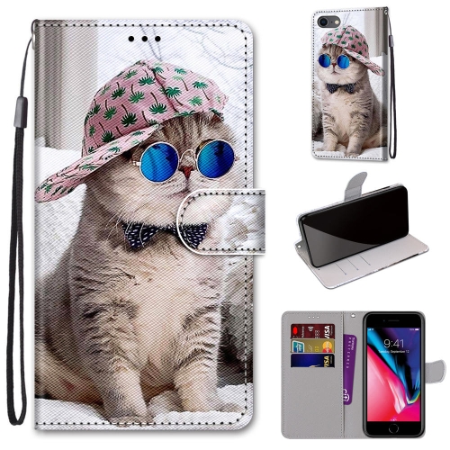Coloured Drawing Cross Texture Horizontal Flip PU Leather Case with Holder & Card Slots & Wallet & Lanyard For iPhone SE 2020 / 8 / 7(Slant Hat Blue Mirror Cat)