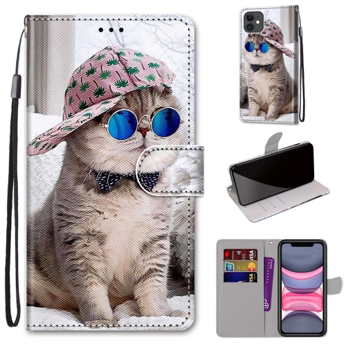 Coloured Drawing Cross Texture Horizontal Flip PU Leather Case with Holder & Card Slots & Wallet & Lanyard For iPhone 11(Slant Hat Blue Mirror Cat)