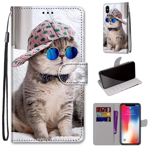Coloured Drawing Cross Texture Horizontal Flip PU Leather Case with Holder & Card Slots & Wallet & Lanyard For iPhone XS / X(Slant Hat Blue Mirror Cat)