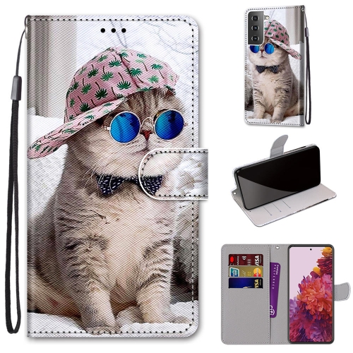For Samsung Galaxy S21 5G Coloured Drawing Cross Texture Horizontal Flip PU Leather Case with Holder & Card Slots & Wallet & Lanyard(Oblique Hat Blue Mirror Cat)