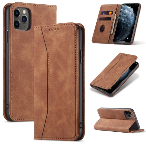 Skin-feel Calfskin Texture Magnetic Dual-Fold Horizontal Flip Leather Case with Holder & Card Slots & Wallet For iPhone 11(Brown)