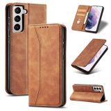 For Samsung Galaxy S21 5G Skin-feel Calfskin Texture Magnetic Dual-Fold Horizontal Flip Leather Case with Holder & Card Slots & Wallet(Brown)