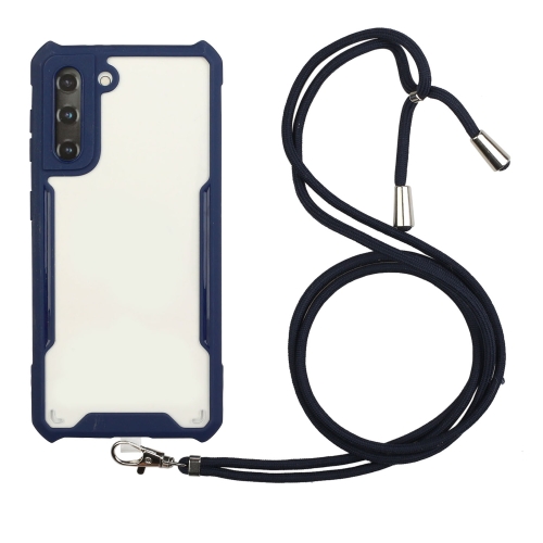 For Samsung Galaxy S21 5G Acrylic + Color TPU Shockproof Case with Neck Lanyard(Dark Blue)