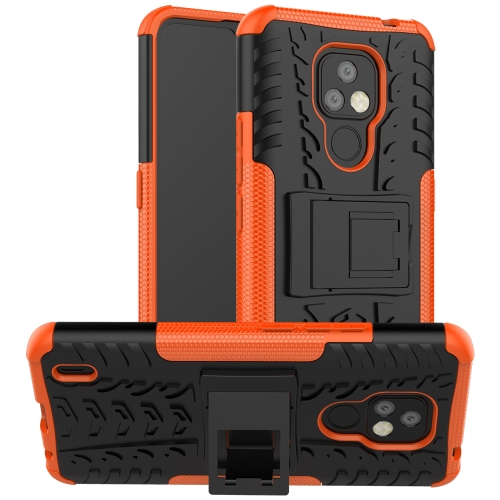 For Motorola Moto E7 Tire Texture Shockproof TPU+PC Protective Case with Holder(Orange)