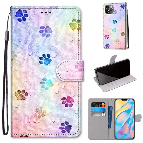 Coloured Drawing Cross Texture Horizontal Flip PU Leather Case with Holder & Card Slots & Wallet & Lanyard For iPhone 12 Pro Max(Footprint Water Drops)