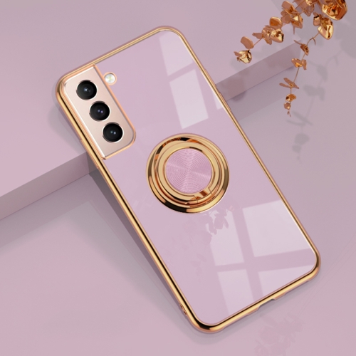 For Samsung Galaxy S21 5G 6D Electroplating Full Coverage Silicone Protective Case with Magnetic Ring Holder(Light Purple)