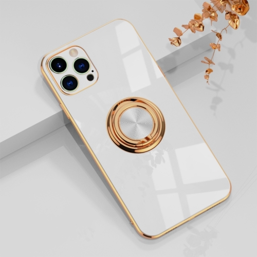 6D Electroplating Full Coverage Silicone Protective Case with Magnetic Ring Holder For iPhone 12 Pro Max(White)
