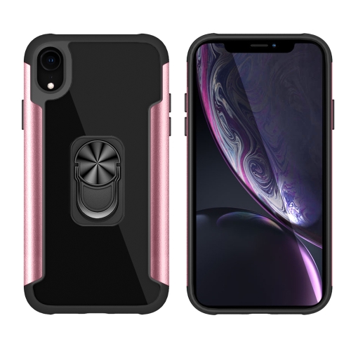 PC +TPU + Metal Shockproof Protective Case with Ring Holder For iPhone XR(Rose Gold)