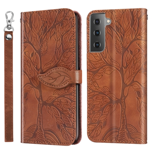 For Samsung Galaxy S21 5G Life of Tree Embossing Pattern Horizontal Flip Leather Case with Holder & Card Slot & Wallet & Photo Frame & Lanyard(Brown)