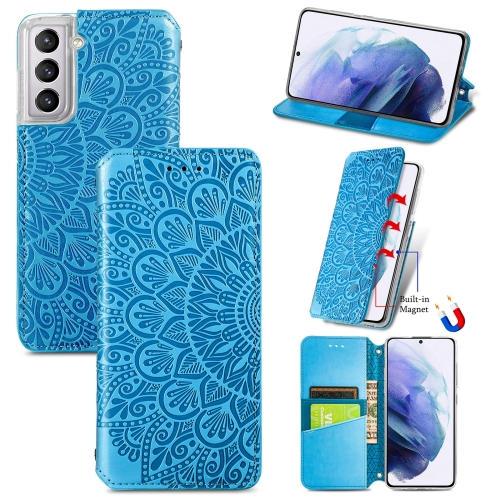 For Samsung Galaxy S21 5G Blooming Mandala Embossed Pattern Magnetic Horizontal Flip Leather Case with Holder & Card Slots & Wallet(Blue)