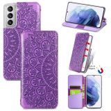 For Samsung Galaxy S21+ 5G Blooming Mandala Embossed Pattern Magnetic Horizontal Flip Leather Case with Holder & Card Slots & Wallet(Purple)