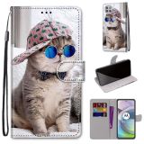 For Motorola Moto G 5G Coloured Drawing Cross Texture Horizontal Flip PU Leather Case with Holder & Card Slots & Wallet & Lanyard(Slant Hat Blue Mirror Cat)