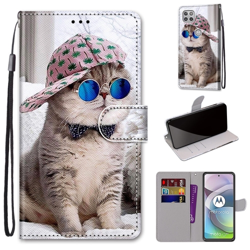For Motorola Moto G 5G Coloured Drawing Cross Texture Horizontal Flip PU Leather Case with Holder & Card Slots & Wallet & Lanyard(Slant Hat Blue Mirror Cat)
