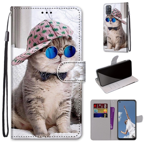 For OPPO A52 / A92 / A72 Coloured Drawing Cross Texture Horizontal Flip PU Leather Case with Holder & Card Slots & Wallet & Lanyard(Slant Hat Blue Mirror Cat)