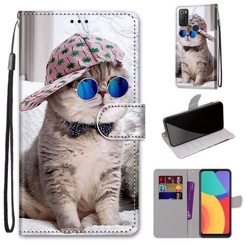 For Alcatel 1S (2021) Coloured Drawing Cross Texture Horizontal Flip PU Leather Case with Holder & Card Slots & Wallet & Lanyard(Slant Hat Blue Mirror Cat)