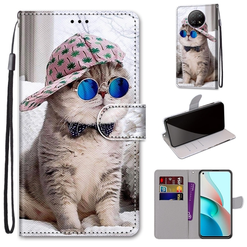 For Xiaomi Redmi Note 9 5G / Note 9T Coloured Drawing Cross Texture Horizontal Flip PU Leather Case with Holder & Card Slots & Wallet & Lanyard(Slant Hat Blue Mirror Cat)