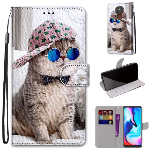 For Motorola Moto E7 Plus / G9 Play / G9 Coloured Drawing Cross Texture Horizontal Flip PU Leather Case with Holder & Card Slots & Wallet & Lanyard(Slant Hat Blue Mirror Cat)