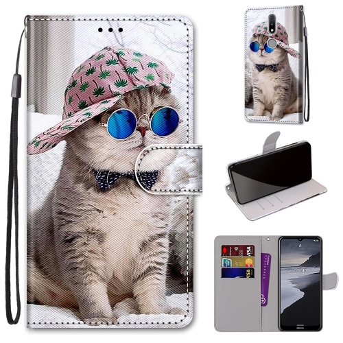For Nokia 2.4 Coloured Drawing Cross Texture Horizontal Flip PU Leather Case with Holder & Card Slots & Wallet & Lanyard(Slant Hat Blue Mirror Cat)