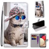 For Samsung Galaxy A02s / M02s Coloured Drawing Cross Texture Horizontal Flip PU Leather Case with Holder & Card Slots & Wallet & Lanyard(Slant Hat Blue Mirror Cat)
