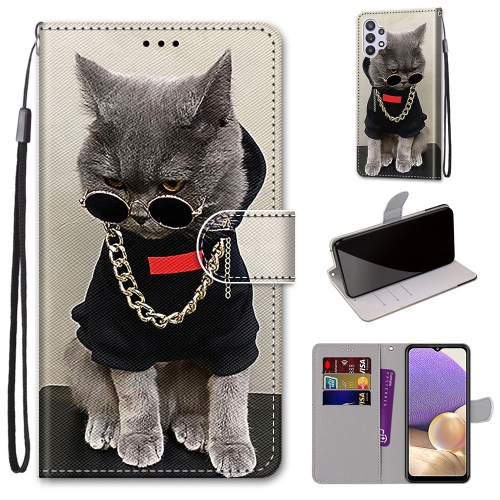For Samsung Galaxy A32 5G Coloured Drawing Cross Texture Horizontal Flip PU Leather Case with Holder & Card Slots & Wallet & Lanyard(Golden Chain Grey Cat)